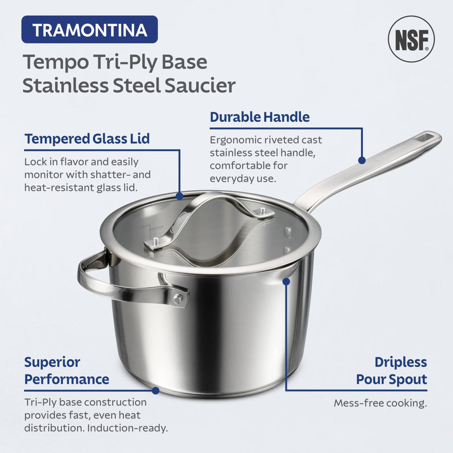 Tramontina Tempo Tri - Ply Base Stainless Steel 4 - Quart Sauce Pan with Glass Lid, Induction - Ready Saucepan, Oven - Safe, Dishwasher - Safe - electronicsexpo.com - Sauce Pans & Sauciers
