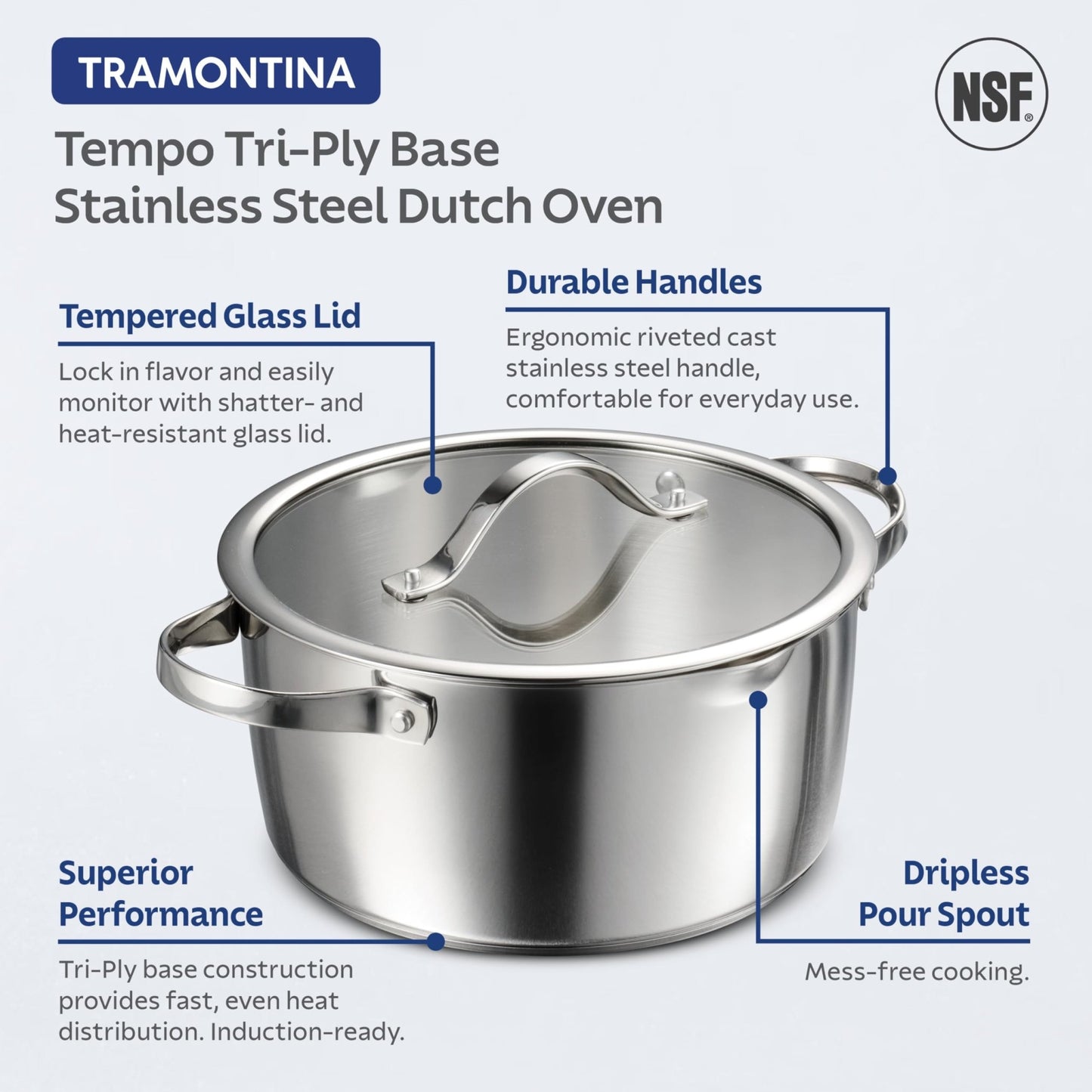 Tramontina Tempo Tri - Ply Base Stainless Steel 5 - Quart Dutch Oven Pot with Glass Lid, Induction - Ready, Oven - Safe, Dishwasher - Safe - electronicsexpo.com - Dutch Ovens