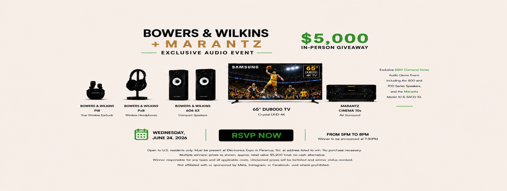 Promotional graphic for Bowers & Wilkins and Marantz event with product images and text.