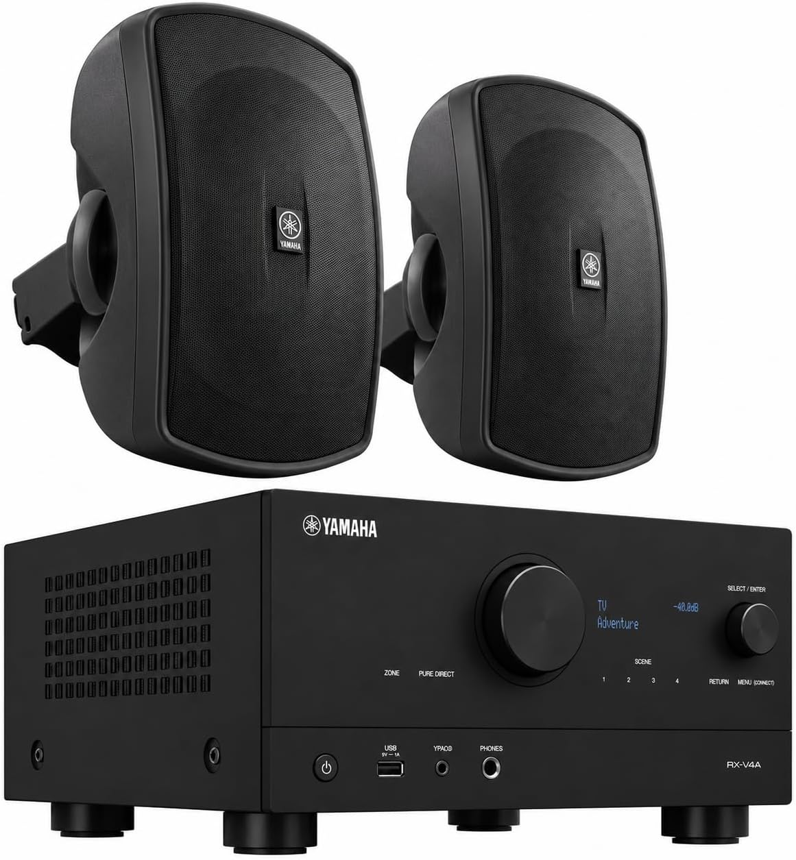 Yamaha RX-V4A 5.2-Channel AV Receiver with MusicCast with Yamaha NS-AW390BL Outdoor Speakers (Bundle) - electronicsexpo.com-Outdoor Speakers