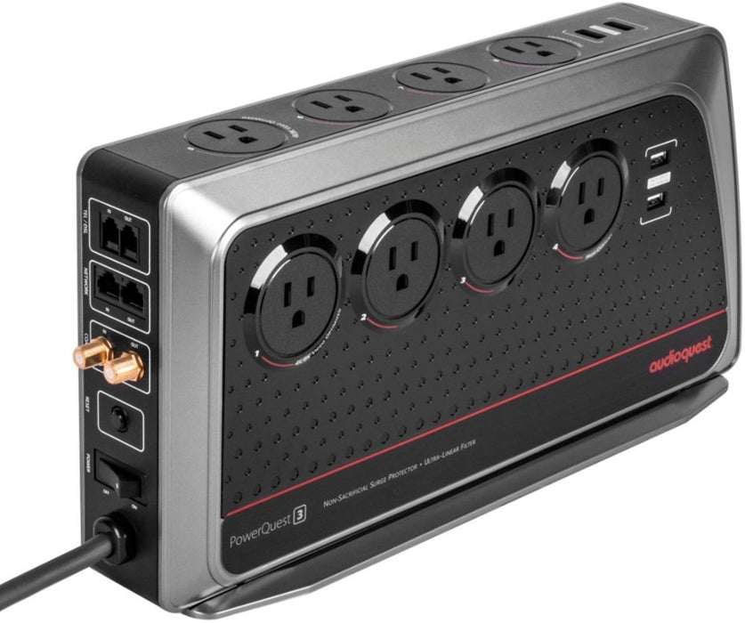 AudioQuest PowerQuest 3 8-Outlet/4-USB Surge Protector - Black/Silver - Power Protection - electronicsexpo.com