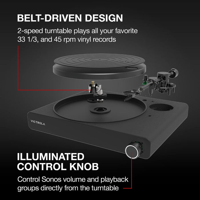 Victrola Stream Onyx Turntable - 33-1/3 & 45 RPM Vinyl Record Player, Works with Sonos Wirelessly, High Precision Magnetic Cartridge, Semi-Automatic, Multiple Connections, Black Matte Finish - Misc - electronicsexpo.com