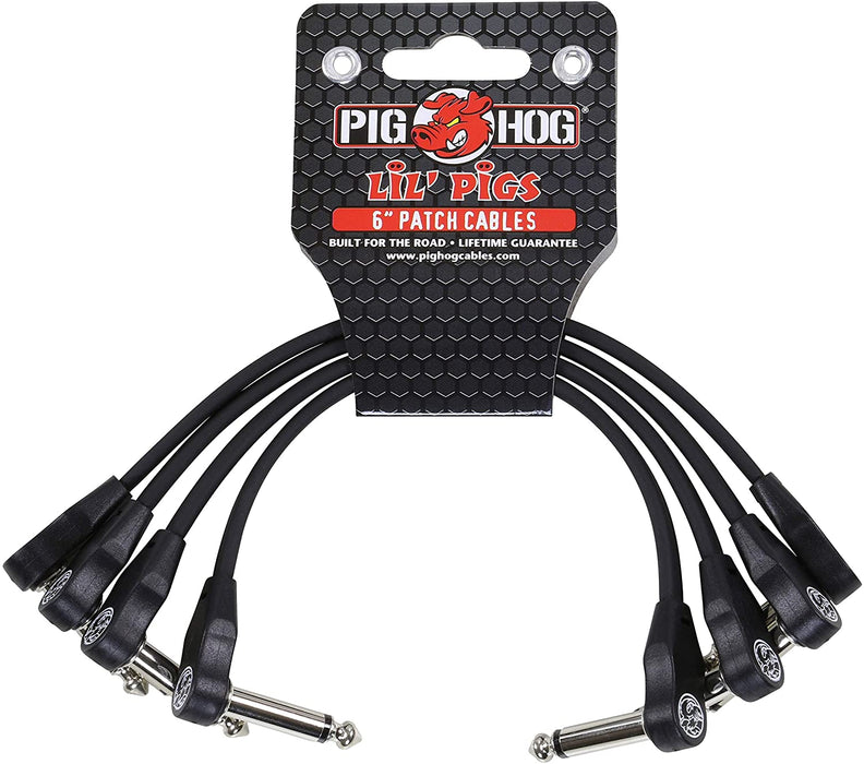 Pig Hog PHLSK6BK Lil' Pigs Low Profile Right-Angle 1/4" Black Instrument Patch Cables 6" (4 Pack)
