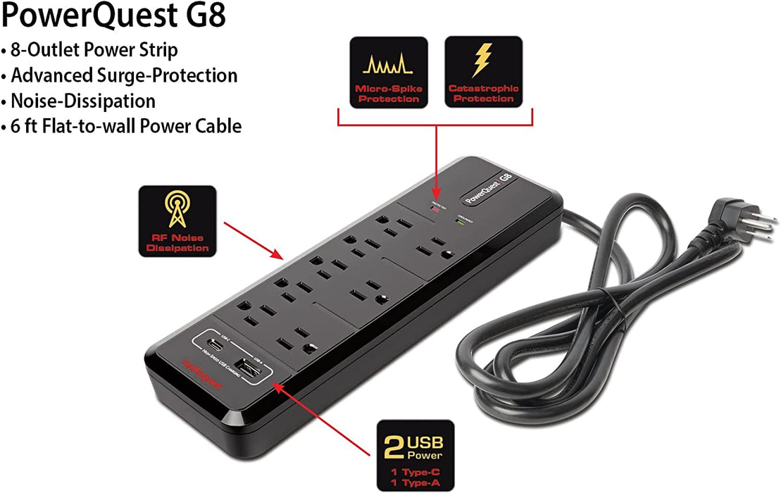 AudioQuest PowerQuest G8 – 8-Outlet Surge Protector with USB-A and USB-C Charging Ports
